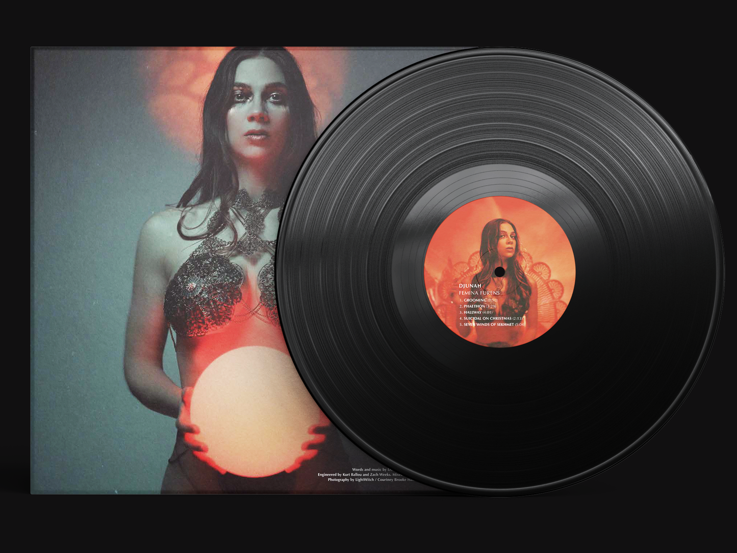 Djunah "Femina Furens" 12" LP on black vinyl, back cover, pressed by Smashed Plastic in Chicago, Illinois