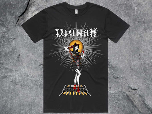 Black 100% cotton, preshrunk AS Colour Staple shirts featuring artwork of the Moog Taurus and the goddess Sekhmet by Bryn Gleason.