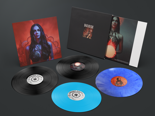 Djunah "Femina Furens" ultimate superfan limited edition box set, black and metallic indigo swirl 12" vinyl LP plus test pressings, pressed by Smashed Plastic in Chicago, Illinois