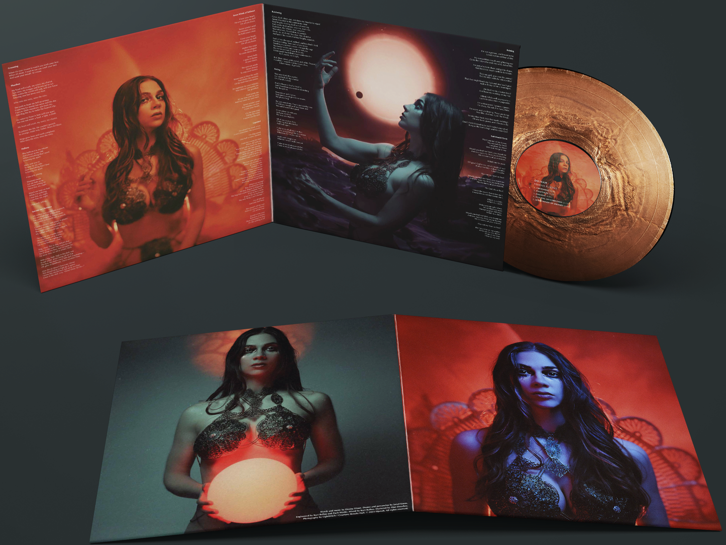 Djunah "Femina Furens" second pressing 12" vinyl LP on molten copper, inside spread, pressed by Smashed Plastic in Chicago, Illinois