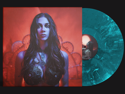 Djunah "Femina Furens" second pressing 12" vinyl LP on deep ocean swirl, front cover, pressed by Smashed Plastic in Chicago, Illinois