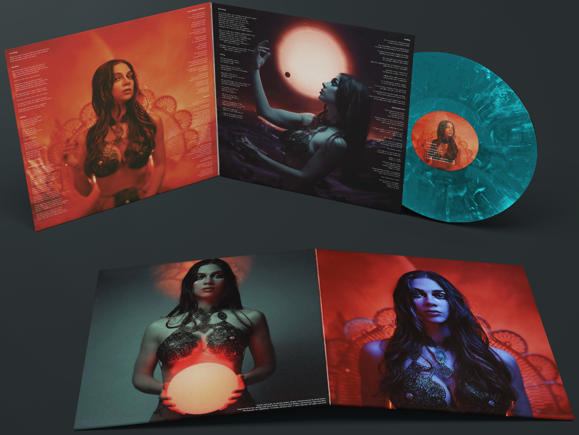 Djunah "Femina Furens" second pressing 12" vinyl LP on deep ocean swirl, inside spread, pressed by Smashed Plastic in Chicago, Illinois