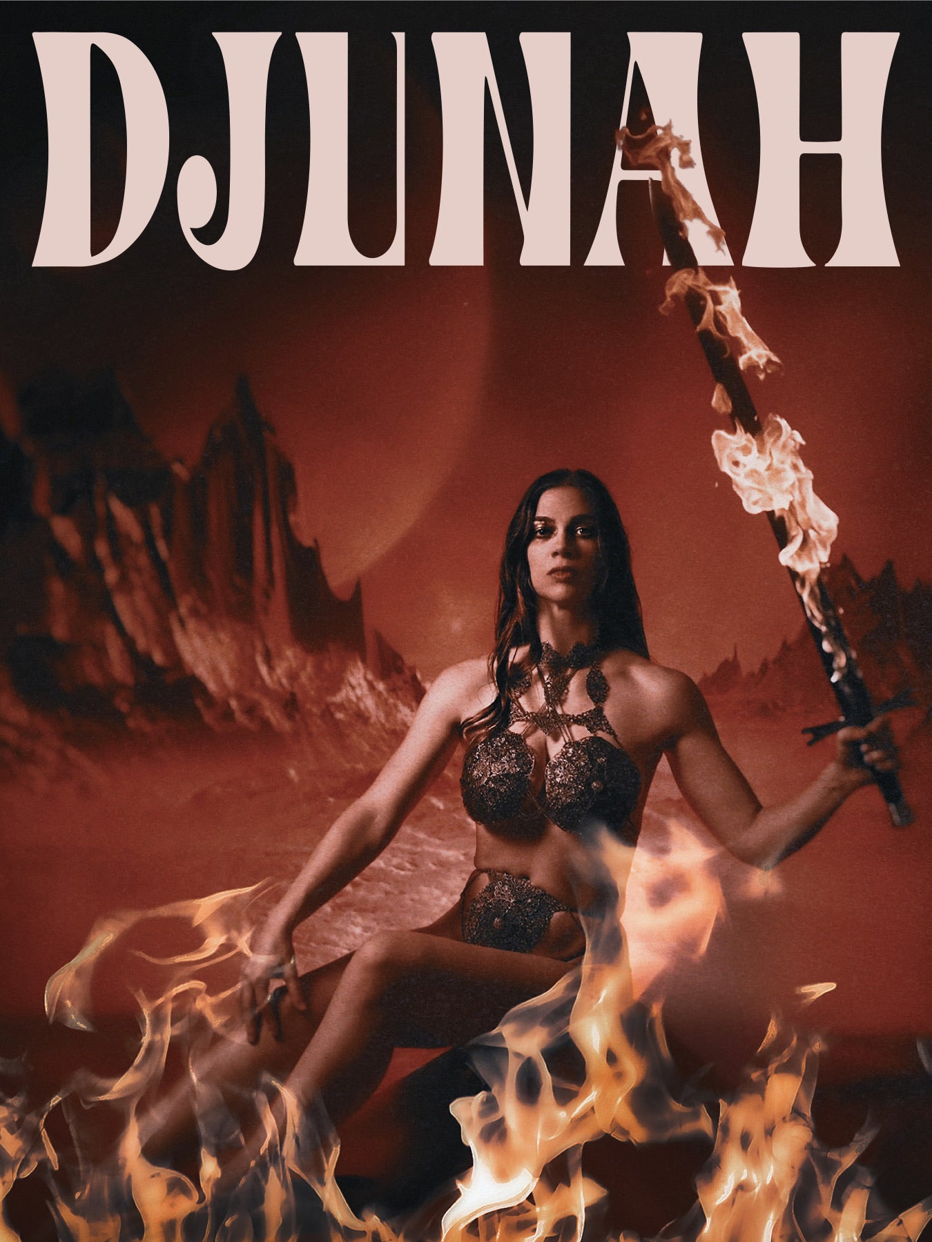 Flaming sword poster of Djunah singer guitarist Donna Diane for the Chicago band Djuna