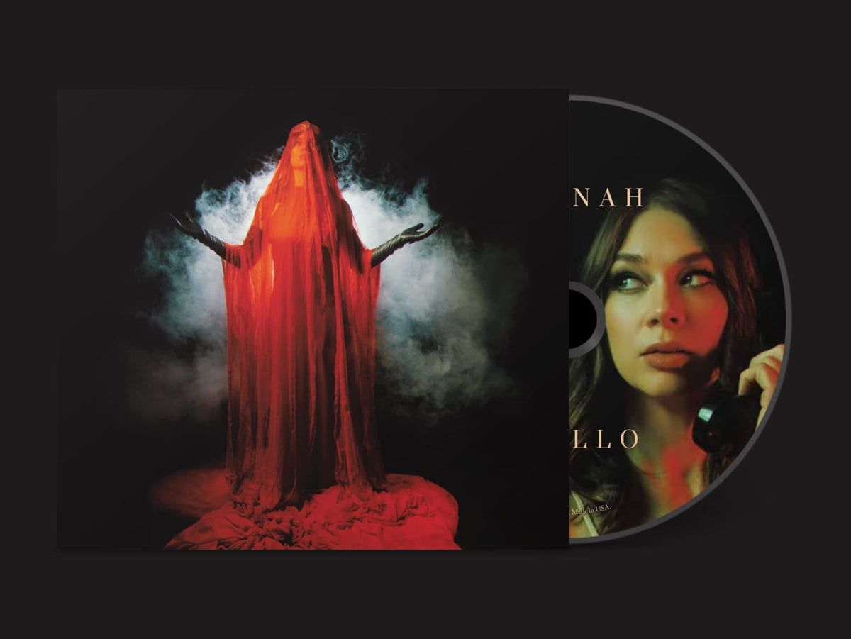 A CD case and disc featuring a person in a red veil and gloves amidst smoke, with a close-up of a woman holding a telephone receiver on the disc.