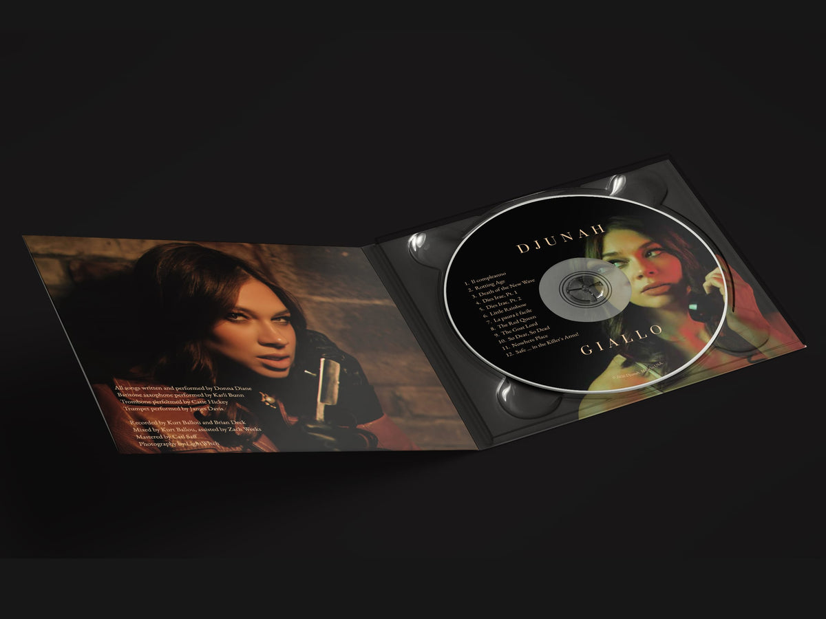 An open CD case for the album Giallo by Djunah, featuring a tracklist on the disc and a portrait of a woman holding a telephone on the packaging.