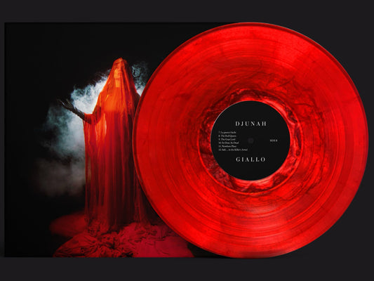 A translucent red vinyl record shown next to its dark cover art featuring a hooded figure in red robes against a black background. The center label reads DJUNAH and GIALLO.