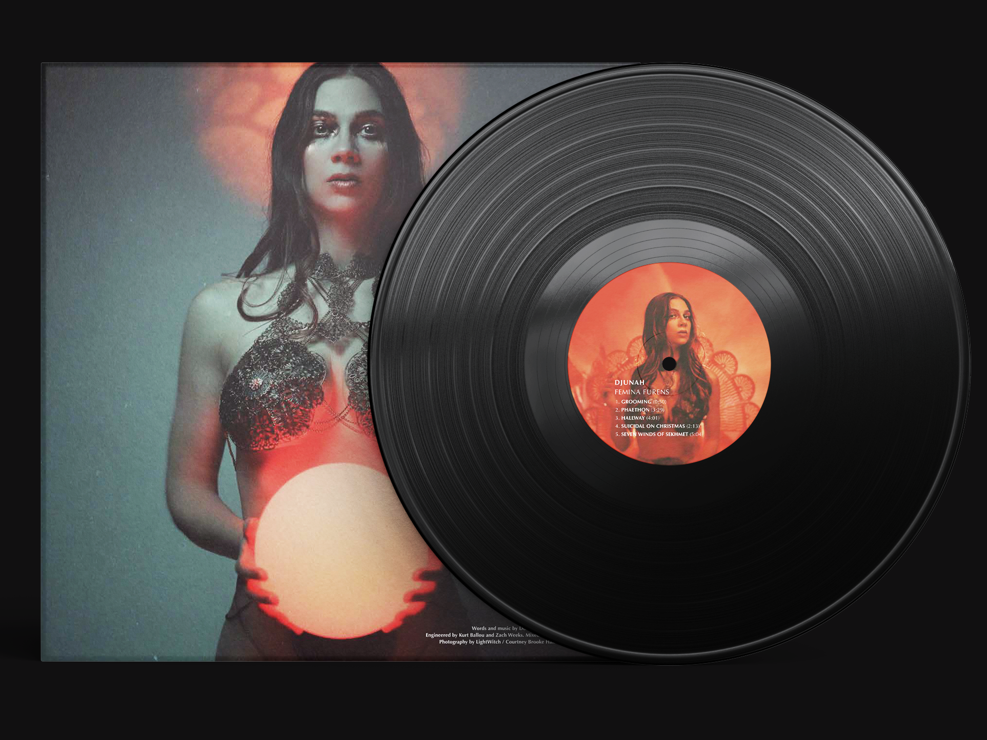 Djunah "Femina Furens" black 12" vinyl LP, reverse cover, pressed by Smashed Plastic in Chicago, Illinois